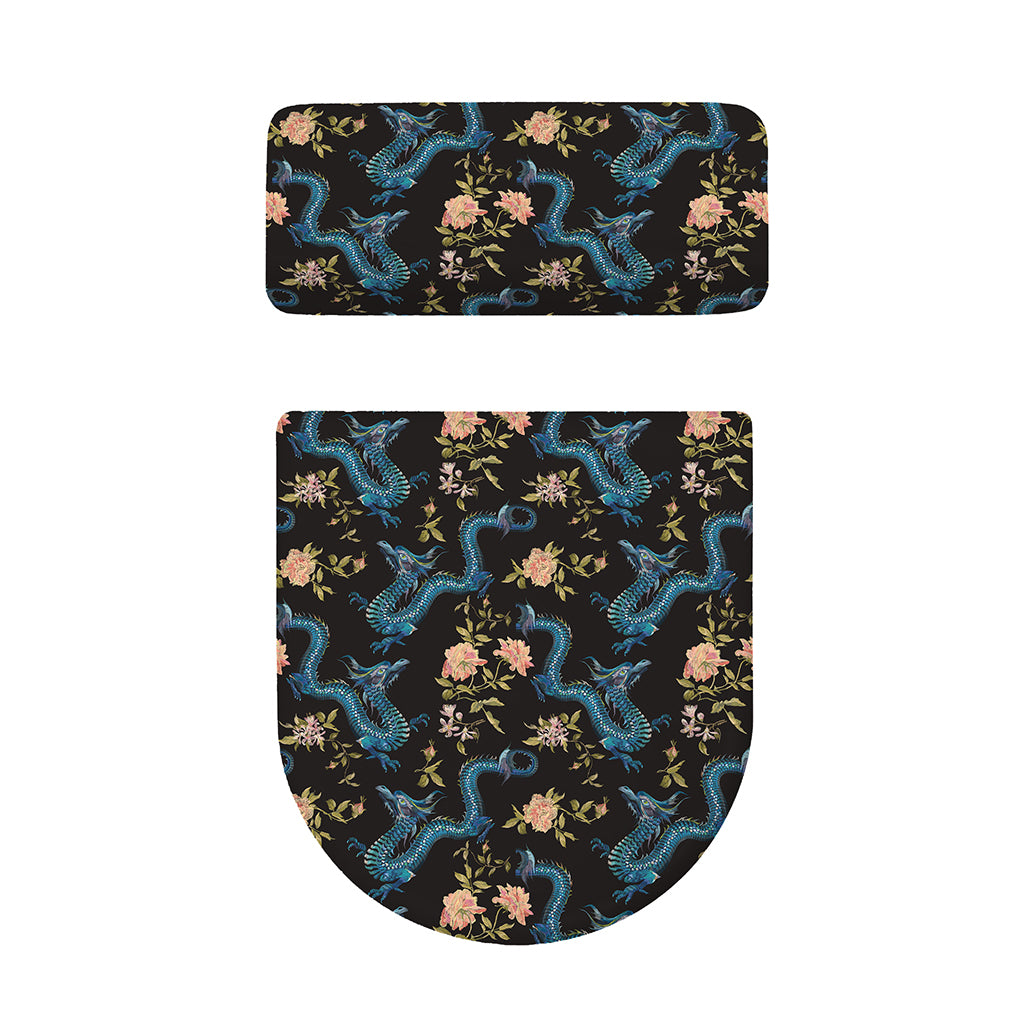 Chinese Dragon And Flower Pattern Print Toilet Lid And Tank Cover Set