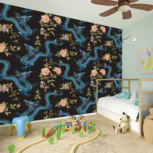 Chinese Dragon And Flower Pattern Print Wall Sticker