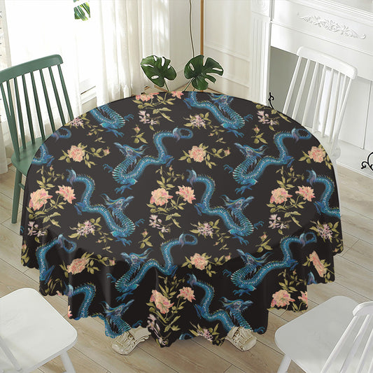 Chinese Dragon And Flower Pattern Print Waterproof Round Tablecloth