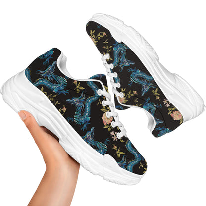 Chinese Dragon And Flower Pattern Print White Chunky Shoes