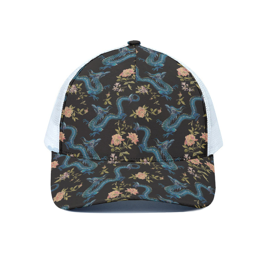 Chinese Dragon And Flower Pattern Print White Mesh Trucker Cap