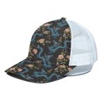 Chinese Dragon And Flower Pattern Print White Mesh Trucker Cap
