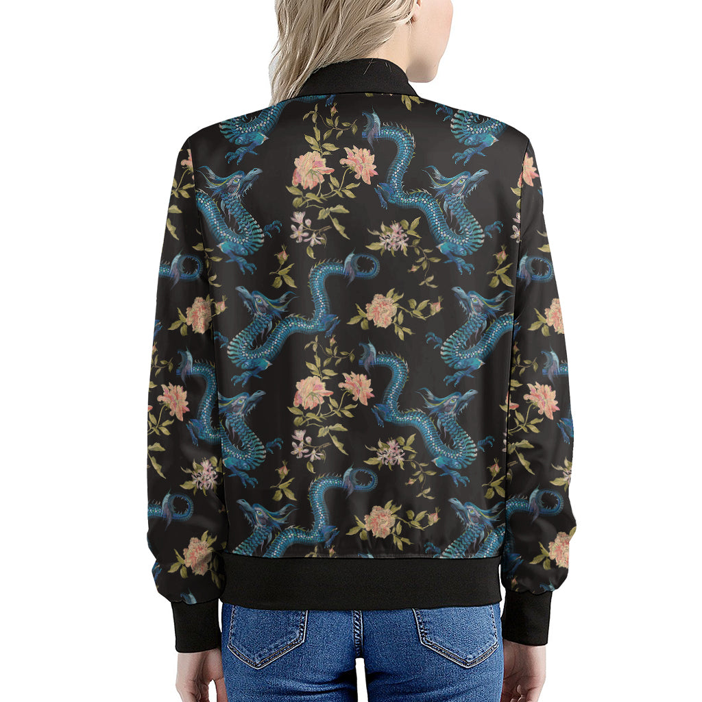 Chinese Dragon And Flower Pattern Print Women's Bomber Jacket