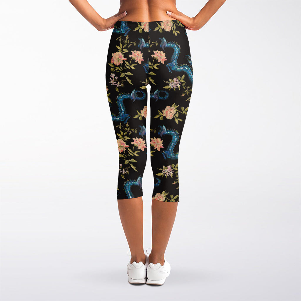 Chinese Dragon And Flower Pattern Print Women's Capri Leggings