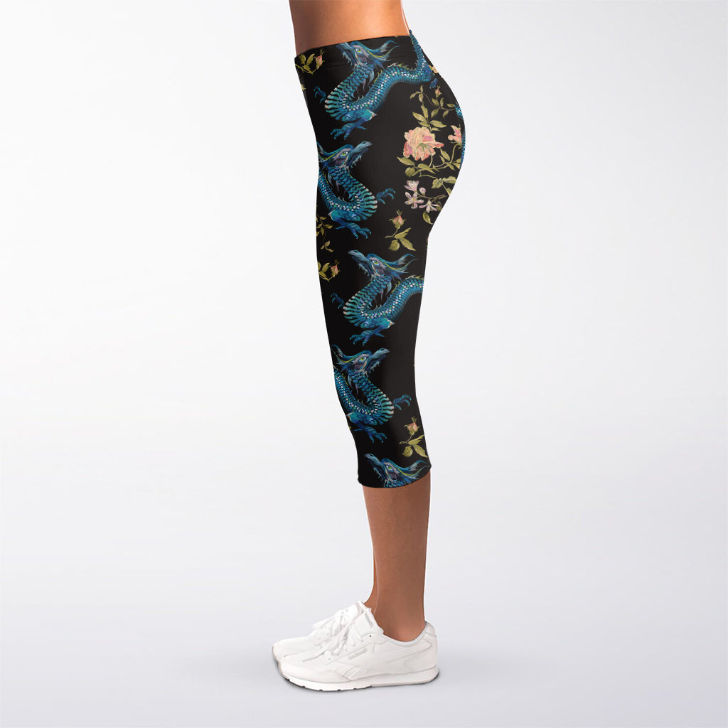 Chinese Dragon And Flower Pattern Print Women's Capri Leggings