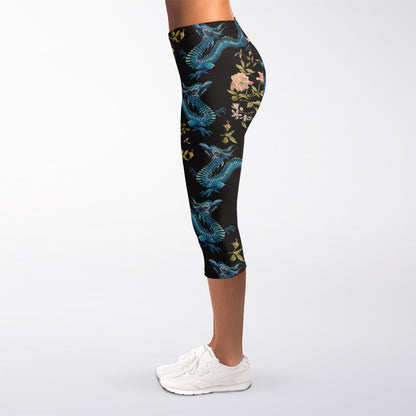 Chinese Dragon And Flower Pattern Print Women's Capri Leggings