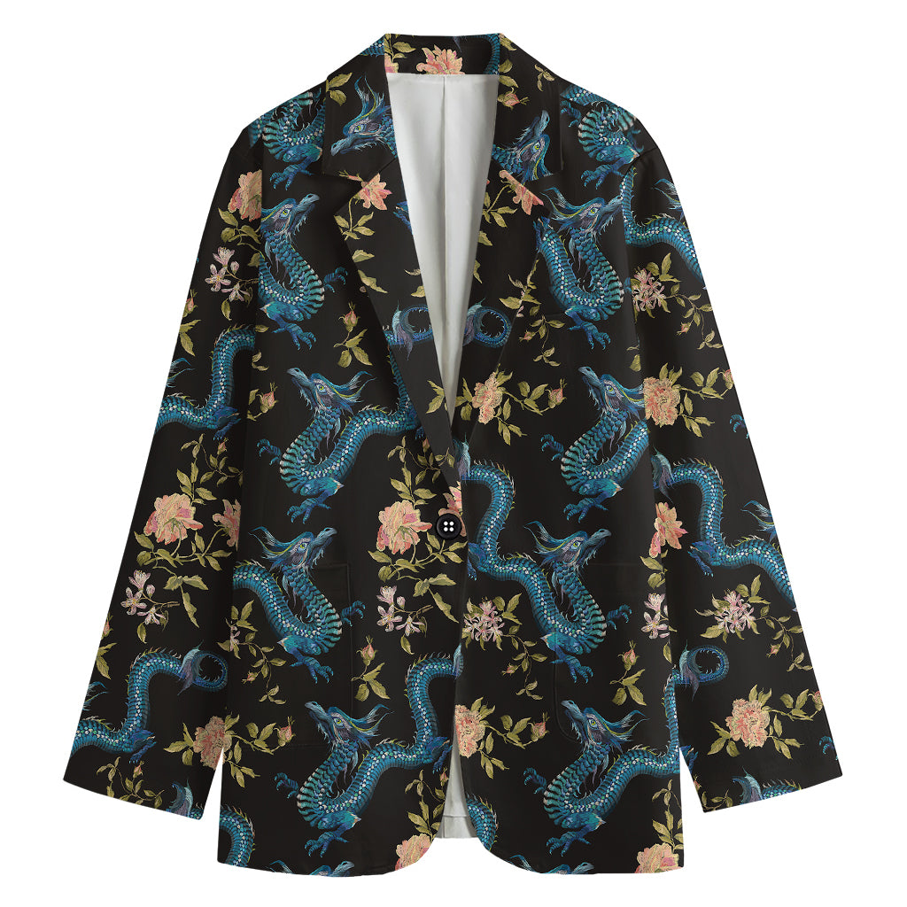 Chinese Dragon And Flower Pattern Print Women's Cotton Blazer