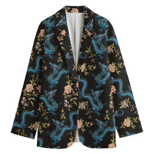 Chinese Dragon And Flower Pattern Print Women's Cotton Blazer