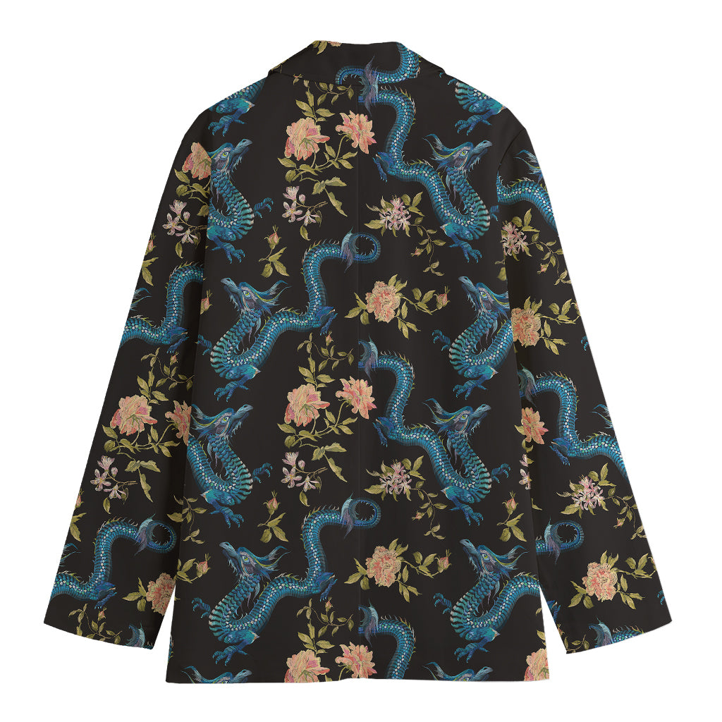 Chinese Dragon And Flower Pattern Print Women's Cotton Blazer
