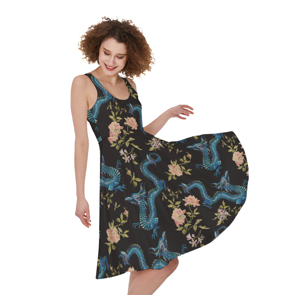 Chinese Dragon And Flower Pattern Print Women's Sleeveless Dress