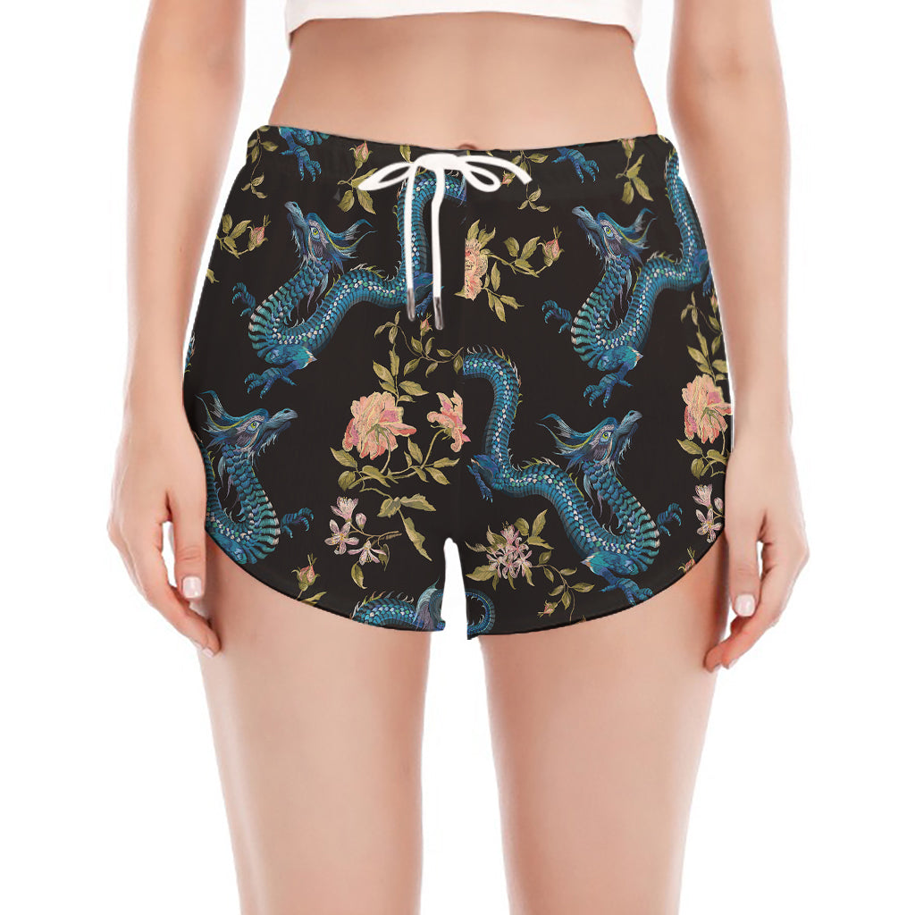 Chinese Dragon And Flower Pattern Print Women's Split Running Shorts