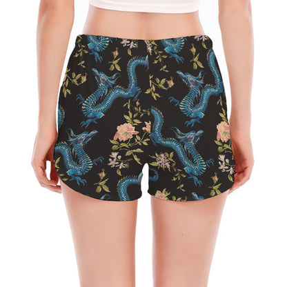 Chinese Dragon And Flower Pattern Print Women's Split Running Shorts
