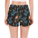 Chinese Dragon And Flower Pattern Print Women's Split Running Shorts