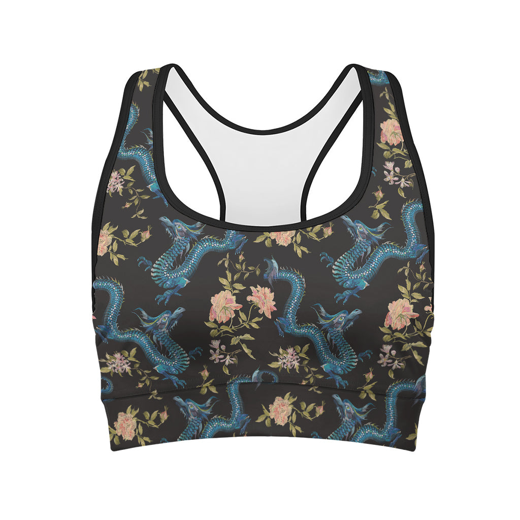 Chinese Dragon And Flower Pattern Print Women's Sports Bra