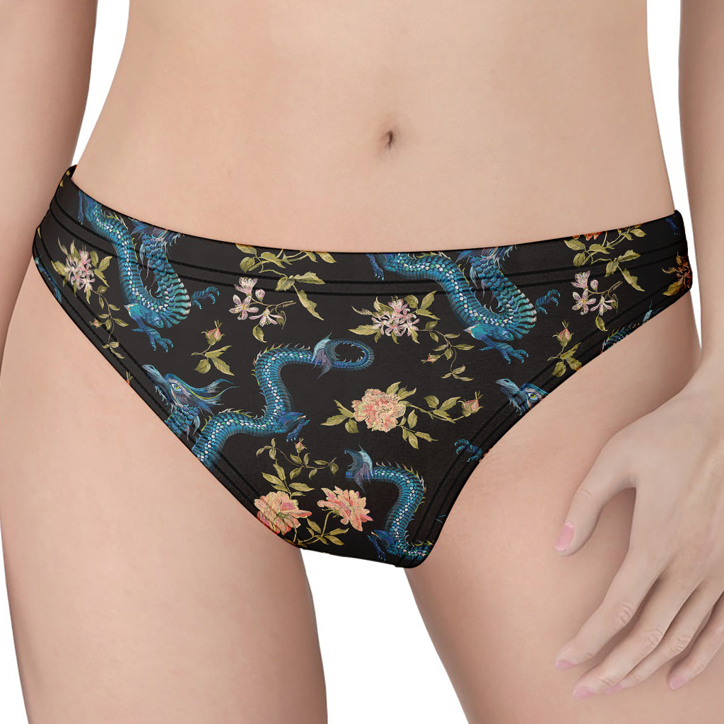 Chinese Dragon And Flower Pattern Print Women's Thong