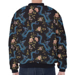 Chinese Dragon And Flower Pattern Print Zip Sleeve Bomber Jacket