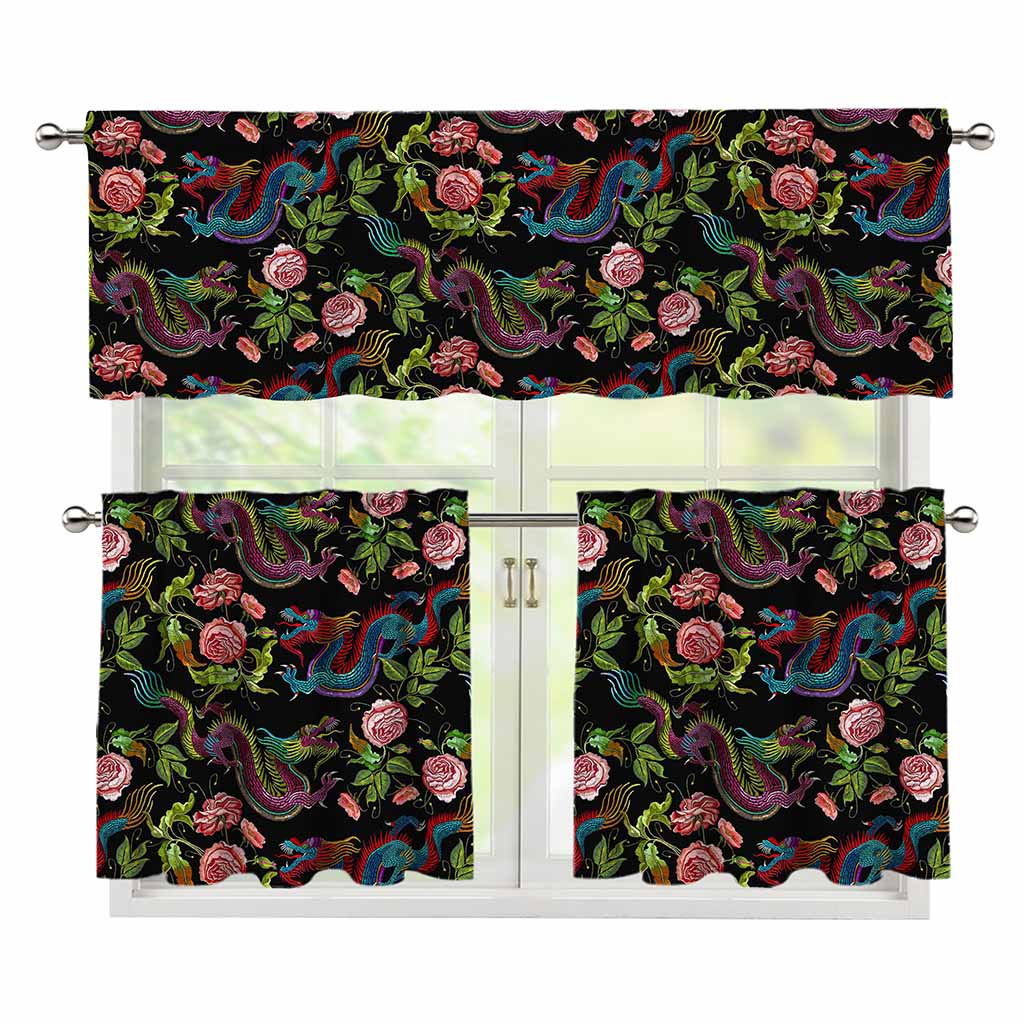 Chinese Dragon Flower Pattern Print 3 Piece Kitchen Curtains