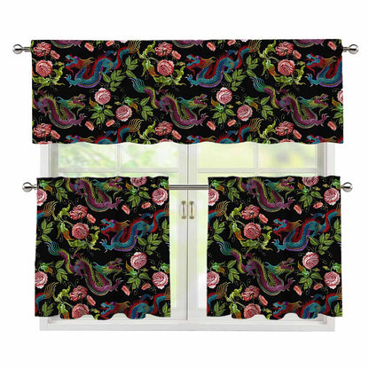 Chinese Dragon Flower Pattern Print 3 Piece Kitchen Curtains