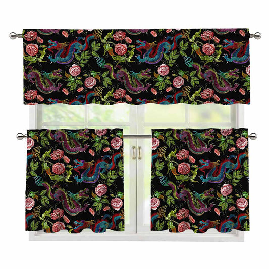 Chinese Dragon Flower Pattern Print 3 Piece Kitchen Curtains