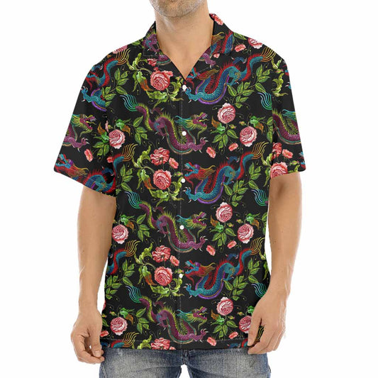 Chinese Dragon Flower Pattern Print Aloha Shirt