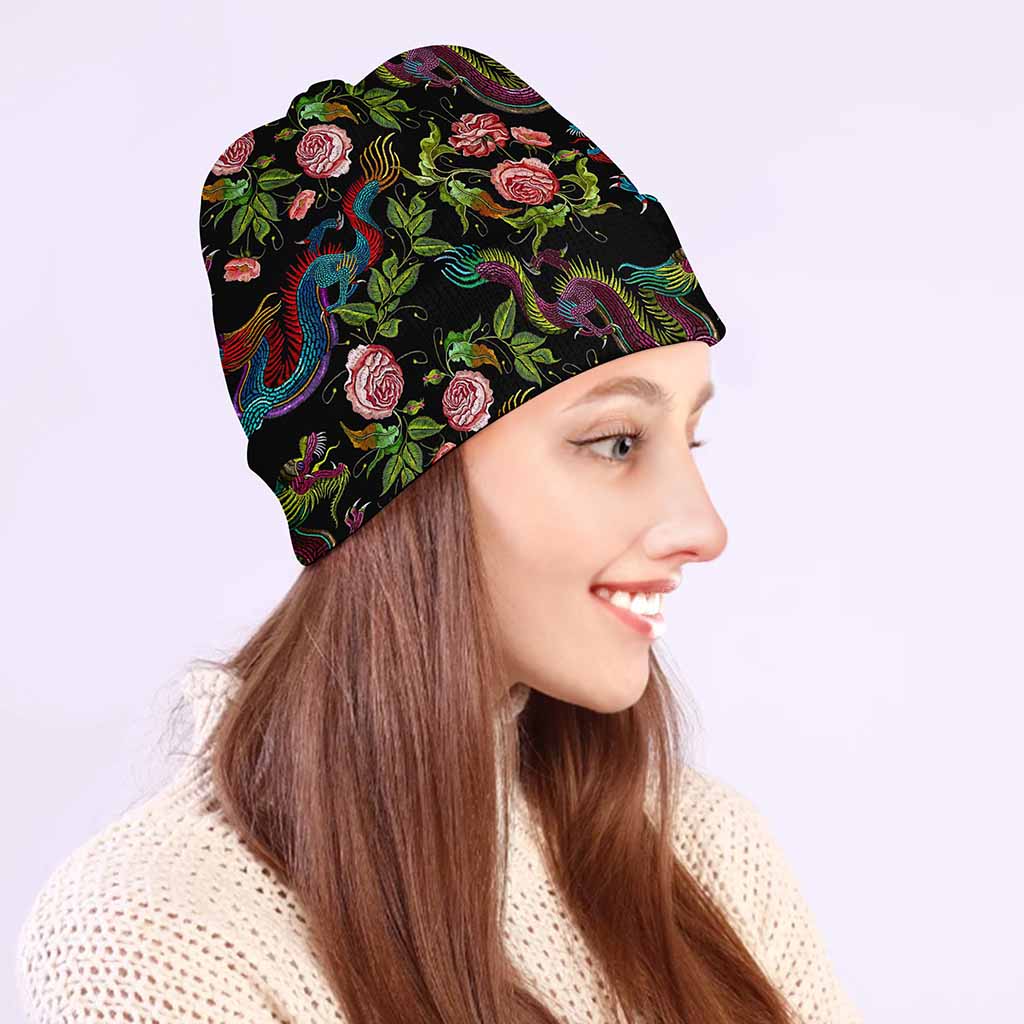Chinese Dragon Flower Pattern Print Beanie