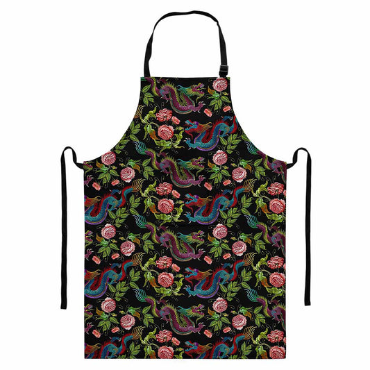 Chinese Dragon Flower Pattern Print Bib Apron With Pocket