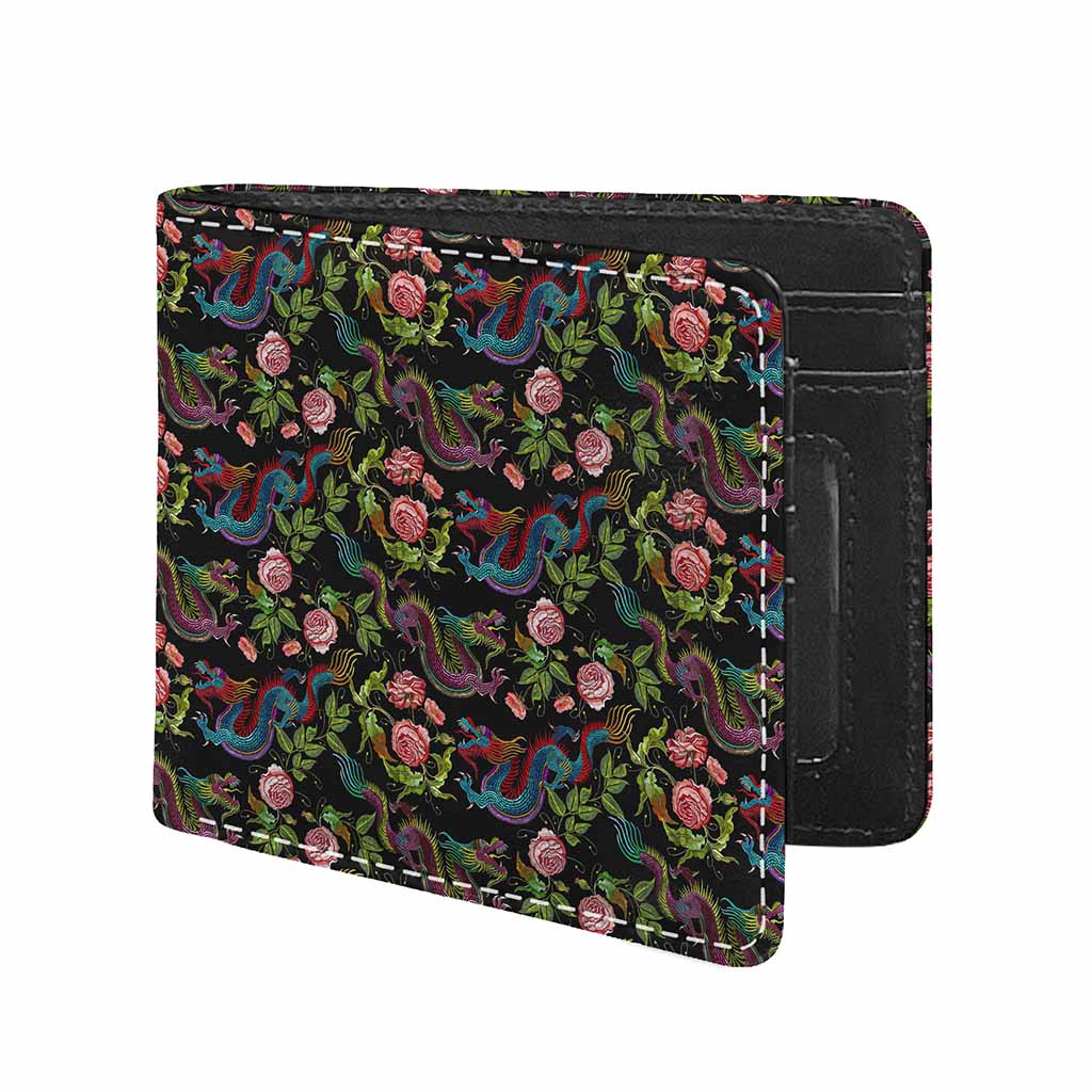 Chinese Dragon Flower Pattern Print Bifold Wallet