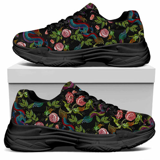 Chinese Dragon Flower Pattern Print Black Chunky Shoes
