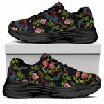 Chinese Dragon Flower Pattern Print Black Chunky Shoes