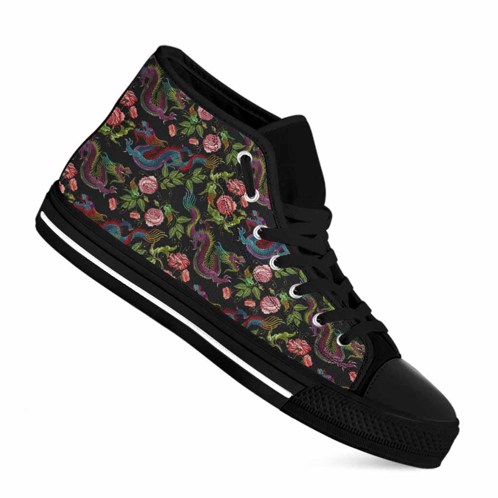 Chinese Dragon Flower Pattern Print Black High Top Sneakers