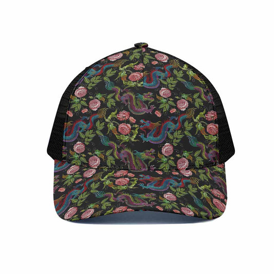 Chinese Dragon Flower Pattern Print Black Mesh Trucker Cap