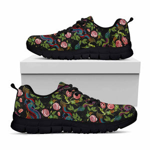 Chinese Dragon Flower Pattern Print Black Running Shoes