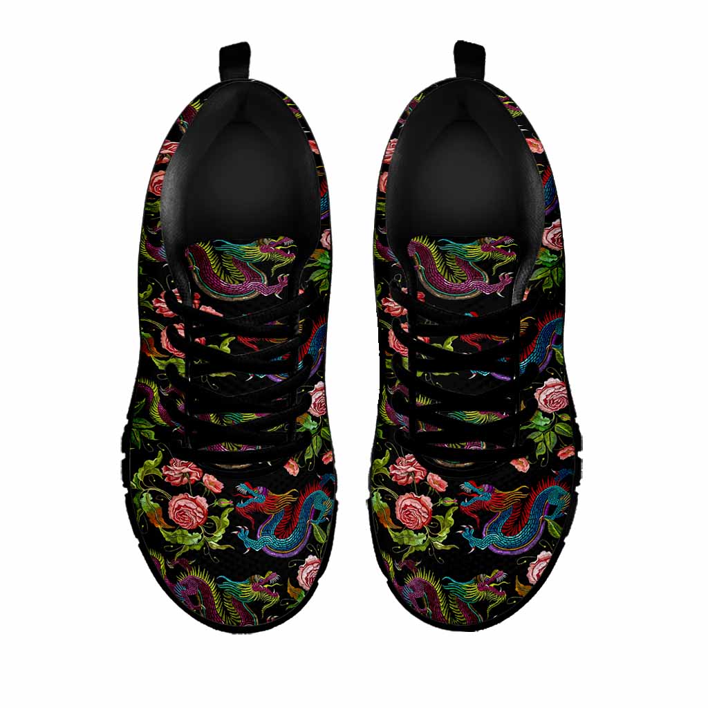 Chinese Dragon Flower Pattern Print Black Running Shoes