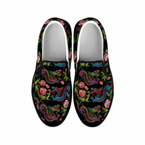 Chinese Dragon Flower Pattern Print Black Slip On Sneakers