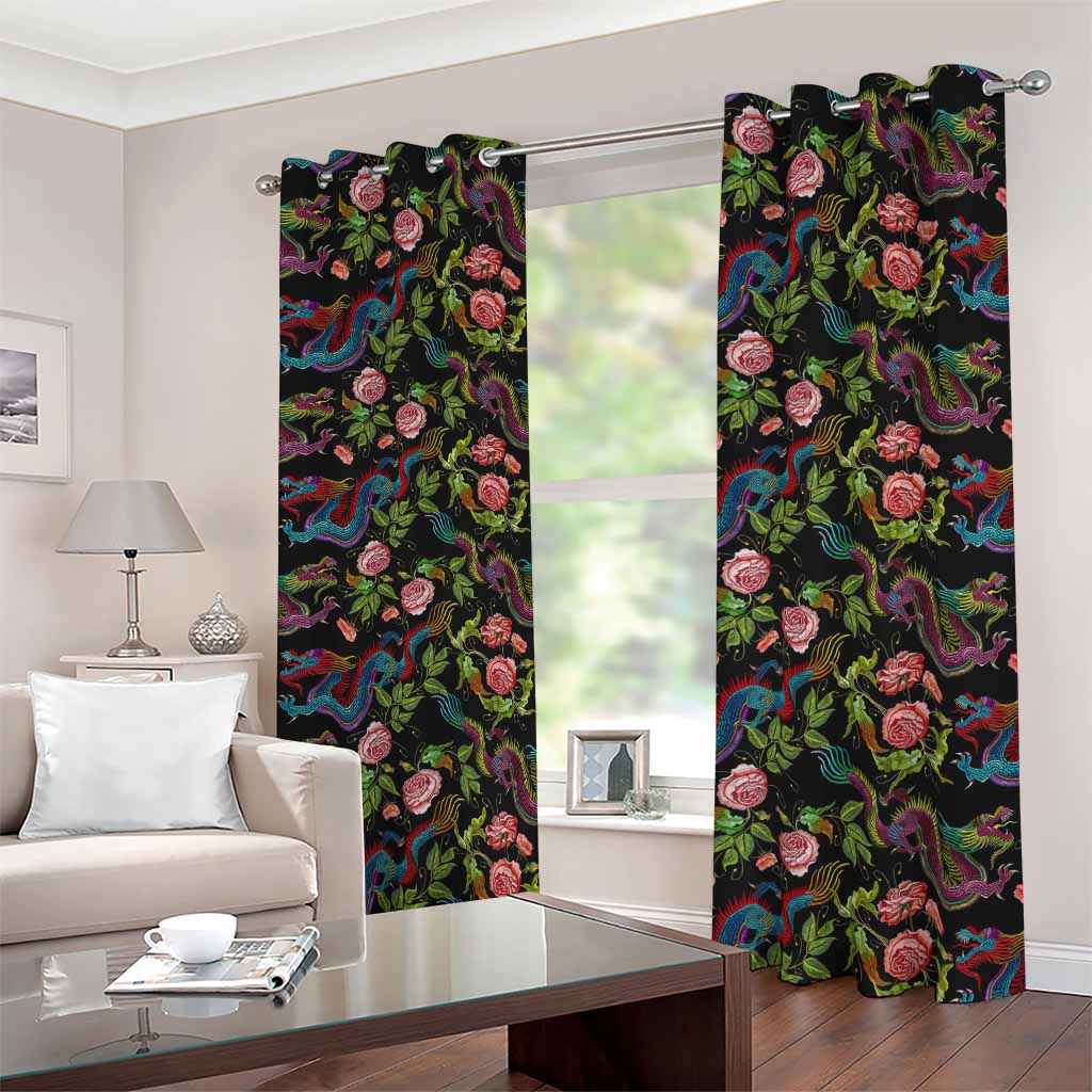 Chinese Dragon Flower Pattern Print Blackout Grommet Curtains