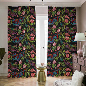 Chinese Dragon Flower Pattern Print Blackout Pencil Pleat Curtains