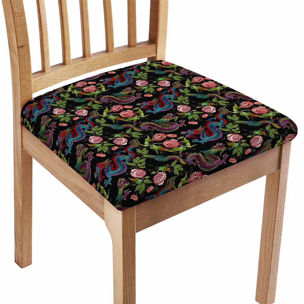 Chinese Dragon Flower Pattern Print Chair Cushion Cover
