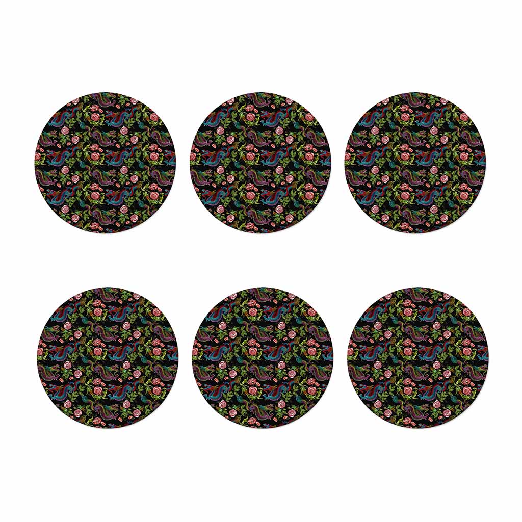 Chinese Dragon Flower Pattern Print Coaster Set