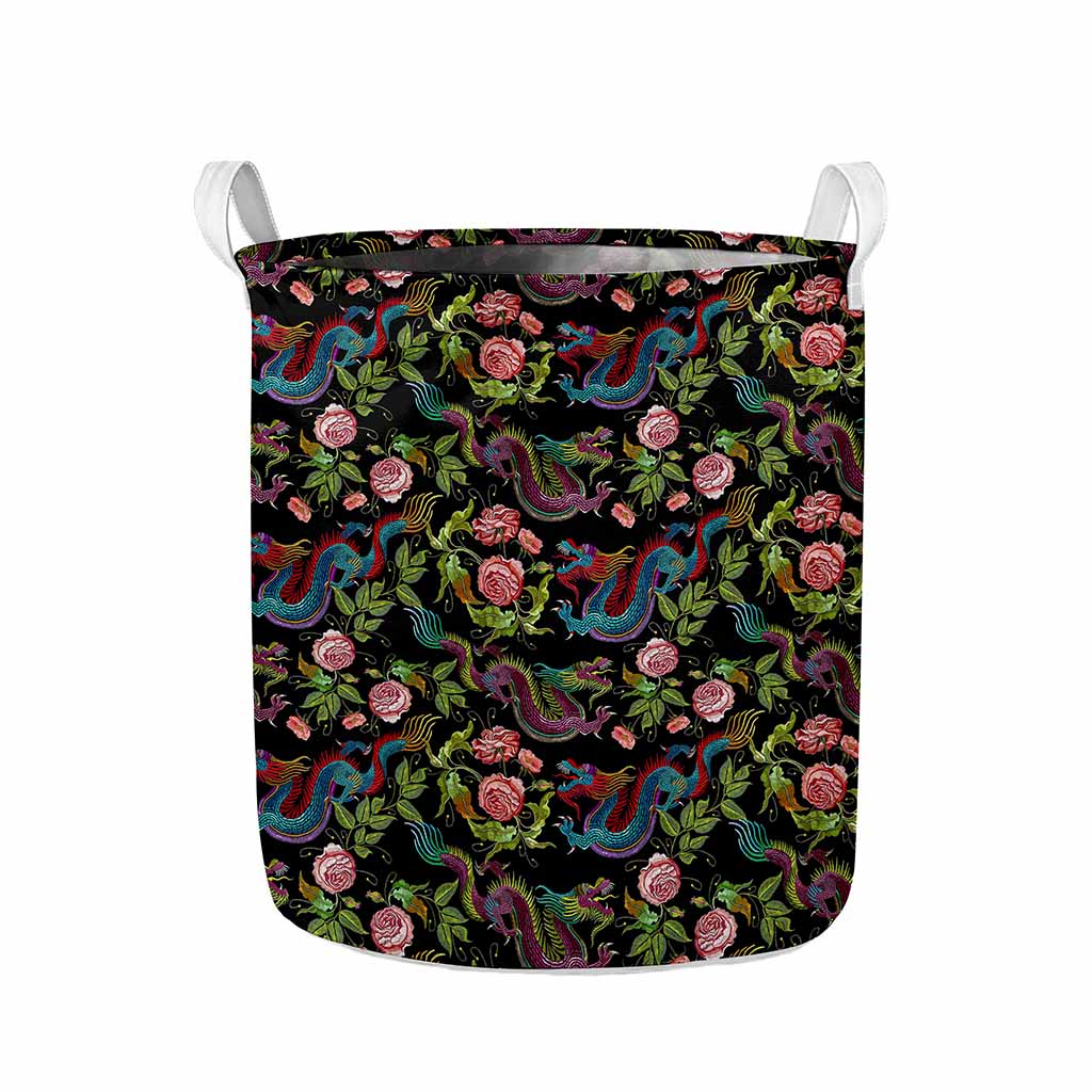 Chinese Dragon Flower Pattern Print Collapsible Laundry Basket