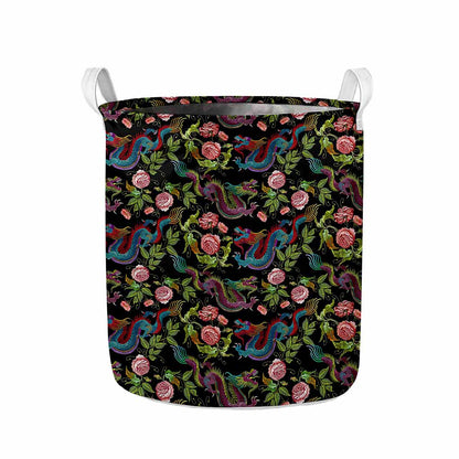 Chinese Dragon Flower Pattern Print Collapsible Laundry Basket