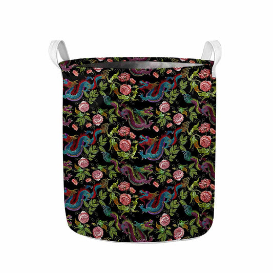 Chinese Dragon Flower Pattern Print Collapsible Laundry Basket