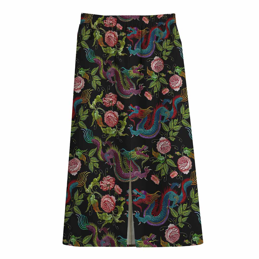Chinese Dragon Flower Pattern Print Cotton Front Slit Maxi Skirt