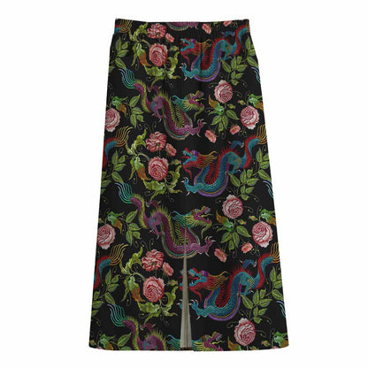 Chinese Dragon Flower Pattern Print Cotton Front Slit Maxi Skirt