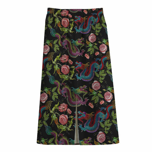 Chinese Dragon Flower Pattern Print Cotton Front Slit Maxi Skirt