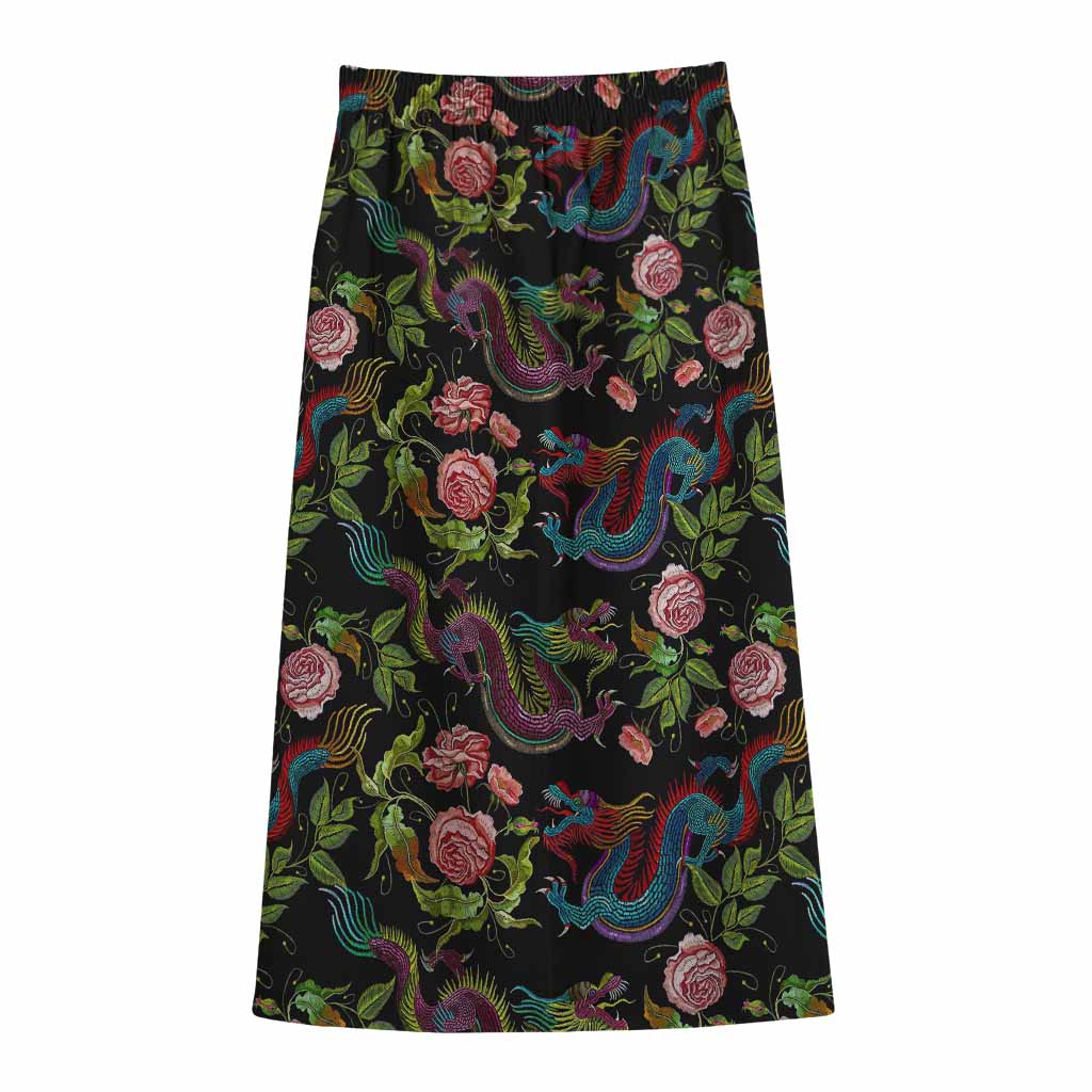 Chinese Dragon Flower Pattern Print Cotton Front Slit Maxi Skirt