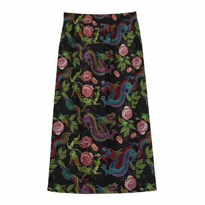 Chinese Dragon Flower Pattern Print Cotton Front Slit Maxi Skirt