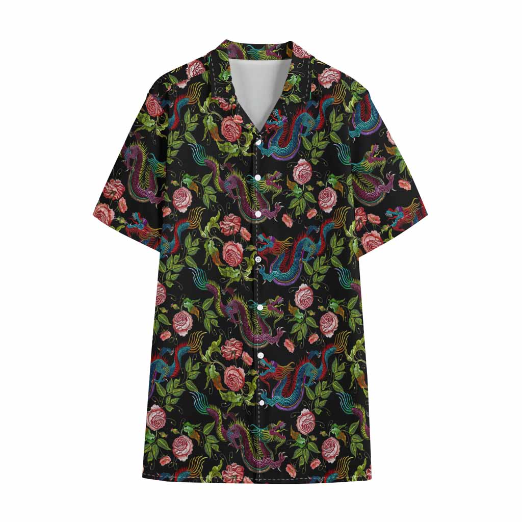Chinese Dragon Flower Pattern Print Cotton Hawaiian Shirt