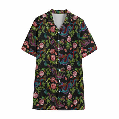 Chinese Dragon Flower Pattern Print Cotton Hawaiian Shirt