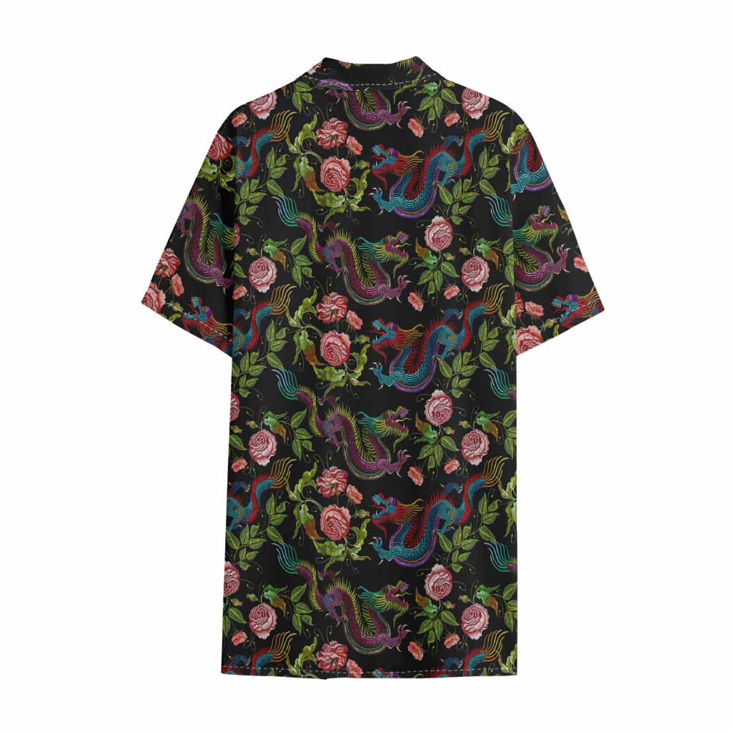 Chinese Dragon Flower Pattern Print Cotton Hawaiian Shirt
