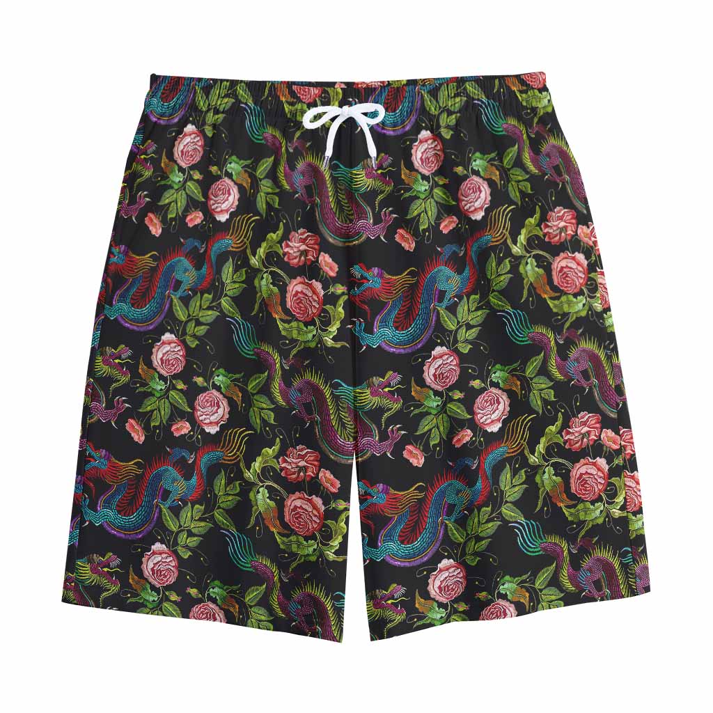 Chinese Dragon Flower Pattern Print Cotton Shorts